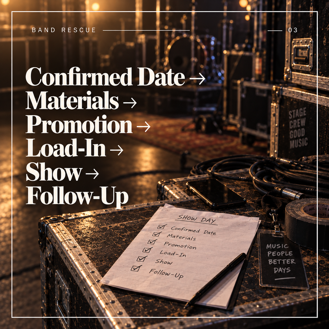 Band Rescue gig timeline from load-in through teardown